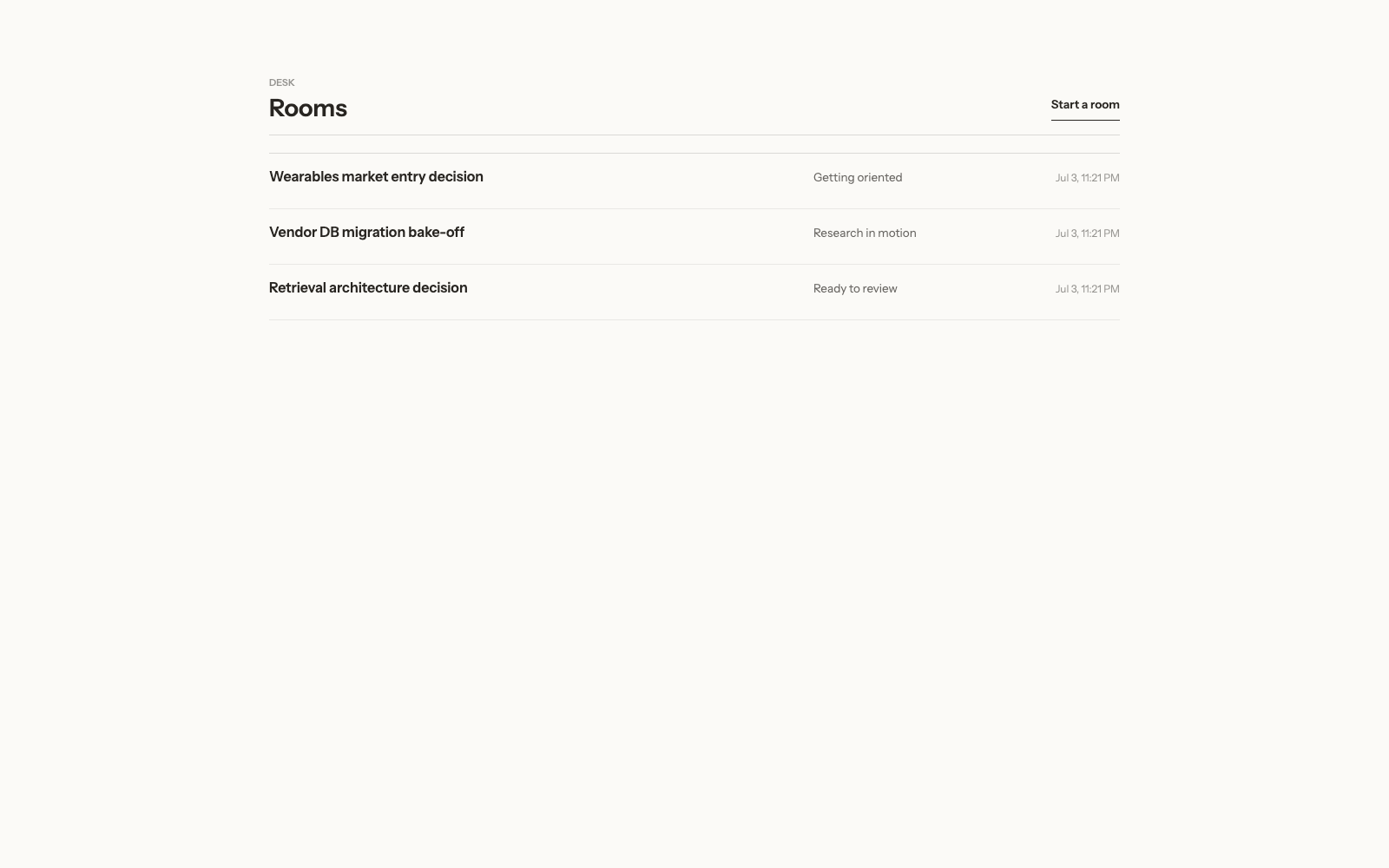 Real Modyl desk showing decision rooms and their current work states