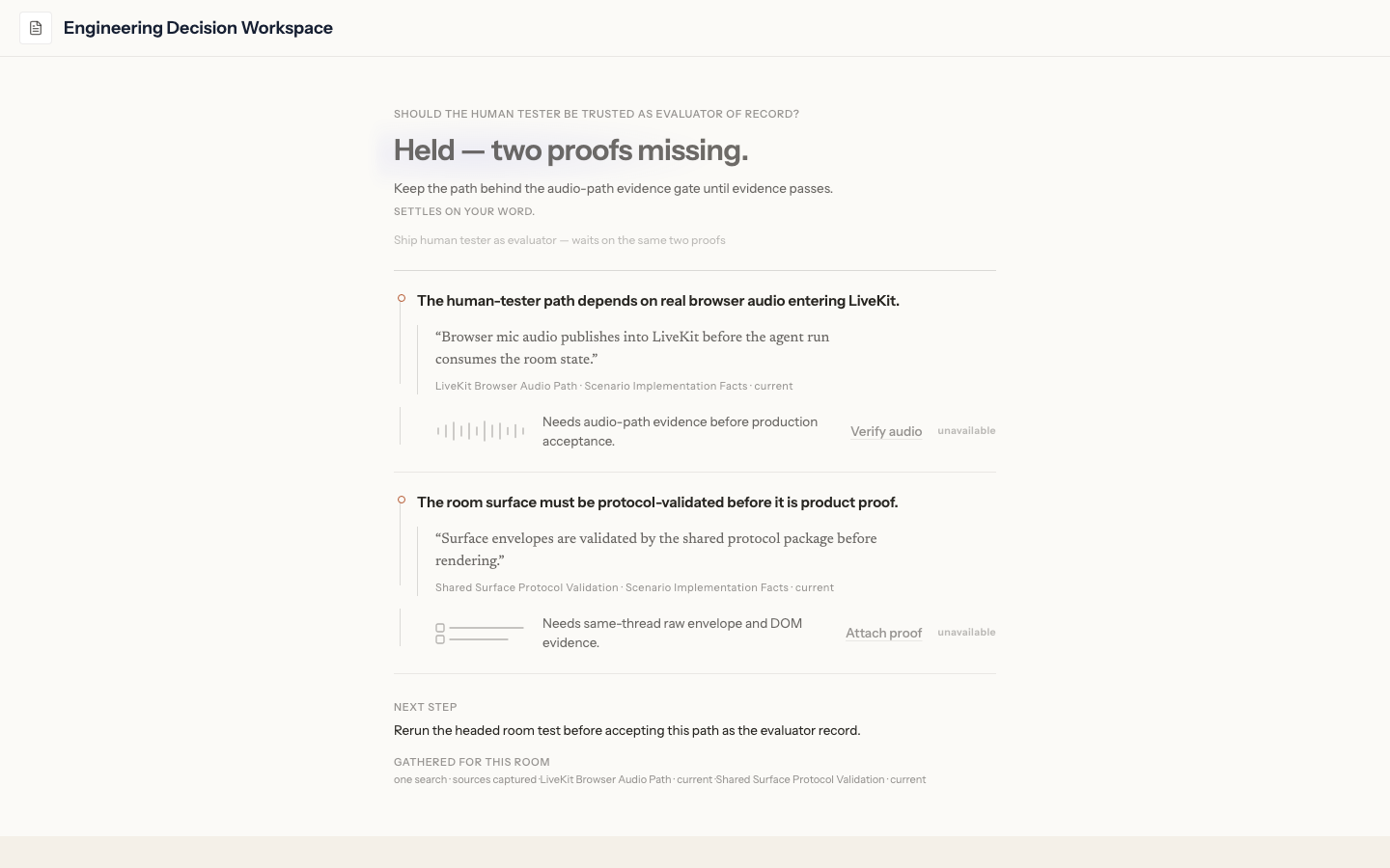Real Modyl engineering decision workspace holding a verdict because two proofs are missing
